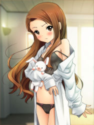 Rule 34 | 1girl, black panties, blush, bow, bow panties, brown eyes, brown hair, camisole, forehead, idolmaster, idolmaster (classic), long hair, looking at viewer, minase iori, navel, off shoulder, open clothes, open shirt, oversized clothes, oversized shirt, panties, ryunnu, shirt, sleeves past wrists, solo, strap slip, stuffed animal, stuffed rabbit, stuffed toy, underwear, underwear only