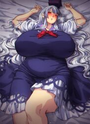 Rule 34 | 1girl, absurdres, blue dress, blue hair, blue headwear, blush, breasts, commentary, dress, english commentary, frilled dress, frills, grey hair, highres, huge breasts, kamishirasawa keine, lying, multicolored hair, neckerchief, on back, on bed, red eyes, red neckerchief, short sleeves, solo, touhou, two-tone hair, ultragruntyy, variant set