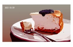 Rule 34 | cake, cake slice, cheesecake, dated, food, food focus, fork, matsuyama kojika, no humans, original, plate, still life