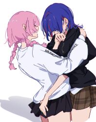 Rule 34 | 2girls, absurdres, atenaba, black hoodie, black skirt, blue hair, blush, braid, commentary request, cowboy shot, dark skin, earrings, english text, hand on another&#039;s ass, hand on another&#039;s shoulder, highres, hood, hoodie, jewelry, kaf (kamitsubaki studio), kamitsubaki studio, long hair, long sleeves, looking at another, multicolored hair, multiple girls, open mouth, pink hair, plaid, plaid skirt, pleated skirt, red hair, rim (kamitsubaki studio), shadow, shirt, simple background, skirt, smile, streaked hair, twin braids, white background, white shirt, wiping face, yuri