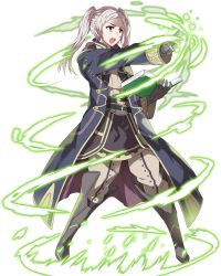 Rule 34 | 1girl, book, cape, fire emblem, fire emblem awakening, fire emblem heroes, full body, gloves, highres, hood, long hair, magic, nintendo, official art, open mouth, robin (female) (fire emblem), robin (fire emblem), solo, transparent background, twintails, ueda yumehito, white hair