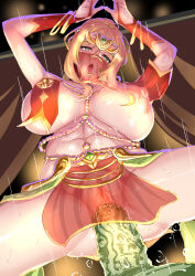 Rule 34 | 1boy, 1girl, absurdres, action taimanin, alternate costume, arms up, blonde hair, bouncing breasts, breasts, dancing, erection, female orgasm, green eyes, happy sex, hetero, highres, huge breasts, imminent penetration, kosaka shizuru, large breasts, long hair, looking at viewer, moaning, no panties, official alternate costume, orc, orgasm, pelvic curtain, penis, pussy, pussy juice, r-wade, revealing clothes, sex, shiny skin, spread legs, taimanin (series), taimanin yukikaze, vaginal, veil