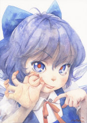 Rule 34 | 1girl, ass, blue bow, blue eyes, blue hair, bow, cheek pinching, cirno, closed mouth, collared shirt, commentary request, eyelashes, fingernails, graphite (medium), hair bow, ice, ice wings, lips, looking at viewer, mechanical pencil, misawa hiroshi, neck ribbon, painting (medium), pencil, pinching, pointing, puffy short sleeves, puffy sleeves, red pupils, red ribbon, ribbon, shirt, short hair, short sleeves, signature, simple background, smile, solo, touhou, traditional media, upper body, watercolor (medium), white background, white shirt, wings