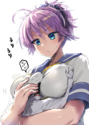 Rule 34 | 1boy, 1girl, admiral (kancolle), ahoge, aoba (kancolle), between breasts, black hair, blue eyes, breasts, ebizome, giant, giantess, hetero, highres, hug, kantai collection, large breasts, messy hair, ponytail, purple hair, school uniform, serafuku, simple background, size difference, white background
