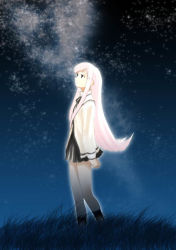 Rule 34 | 00s, 1girl, expressionless, grass, long hair, long sleeves, lucy maria misora, night, night sky, outdoors, ribbon, sidelocks, sky, solo, standing, star (sky), starry sky, to heart (series), to heart 2, white hair