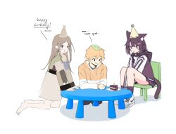 1boy 2girls :d :q animal_ear_fluff animal_ears birthday_cake black_hair black_jacket black_skirt blonde_hair blush_stickers brown_hair brown_shirt brown_skirt cake cake_slice candle cat_ears cat_girl cat_tail commentary drawstring english_commentary food happy_birthday highres hood hoodie jacket keumasou kneeling leaf leaf_on_head long_hair long_sleeves looking_at_food low_twintails medium_hair medium_skirt miniskirt multiple_girls nike_(company) on_chair open_mouth orange_hoodie original oriyos parted_bangs reo_(oriyos) screenshot_background shirt shoes short_hair short_twintails simple_background sitting skirt smile sneakers table tail tofumang tongue tongue_out twintails white_background white_footwear white_sleeves