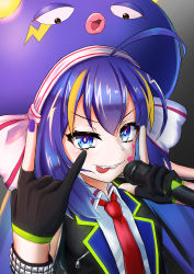 Rule 34 | 1girl, absurdres, ahoge, bad id, bad pixiv id, black gloves, blue eyes, blue hair, bracelet, commentary, eel hat, fang, gloves, hair ornament, highres, jewelry, long hair, looking at viewer, microphone, necktie, otomachi una, piku 39, red necktie, semi-rimless eyewear, solo, tongue, tongue out, twintails, very long hair, vocaloid