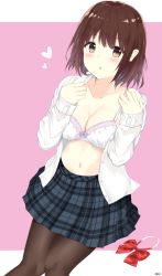 Rule 34 | 1girl, 7 calpis 7, :o, blue skirt, blush, bow, bow bra, bowtie, bra, breasts, brown background, brown eyes, brown hair, brown pantyhose, cleavage, collarbone, commentary request, diagonal-striped bow, diagonal-striped bowtie, diagonal-striped clothes, diagonal-striped neckwear, dress shirt, fingernails, hair between eyes, heart, highres, long sleeves, medium breasts, navel, open clothes, open shirt, original, pantyhose, parted lips, pink background, plaid, plaid skirt, pleated skirt, red bow, red bowtie, shirt, signature, simple background, skirt, sleeves past wrists, solo, striped bow, striped bowtie, striped clothes, striped neckwear, two-tone background, underwear, white background, white bra, white shirt