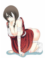 Rule 34 | 00s, 1girl, all fours, ass, bad id, bad pixiv id, bandage over one eye, bandages, black eyes, black hair, breasts, buriteri, butt crack, cleavage, highres, japanese clothes, kobushi abiru, large breasts, looking at viewer, no shoes, sayonara zetsubou sensei, simple background, solo, white background