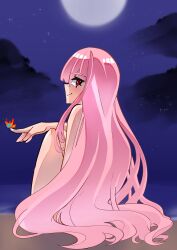 Rule 34 | 1girl, absurdres, cloud, cloudy sky, final fantasy, final fantasy xvi, from behind, full moon, hair censor, highres, hololive, hololive english, knees up, koizumi arata, long hair, looking at viewer, looking back, moon, mori calliope, night, night sky, nude, pink hair, red eyes, sky, star (sky), very long hair, virtual youtuber