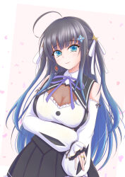 Rule 34 | 1girl, ahoge, arm at side, arm under breasts, assault lily, bare shoulders, black ribbon, black skirt, blue eyes, blue hair, blunt bangs, border, breasts, cleavage, closed mouth, collared shirt, commentary request, cowboy shot, detached sleeves, earrings, falling petals, flower, frilled shirt, frilled sleeves, frills, gradient hair, hair flower, hair ornament, hair ribbon, hand on own arm, head tilt, highres, jewelry, large breasts, light blush, light smile, long hair, long sleeves, looking at viewer, mozuna noa, multicolored hair, neck ribbon, outside border, petals, pink background, pleated skirt, puffy detached sleeves, puffy long sleeves, puffy sleeves, purple ribbon, ribbon, ring, see-through, shirt, sidelocks, simple background, single earring, skirt, sleeve ribbon, sleeveless, sleeveless shirt, sleeves past wrists, standing, suspenders, two-tone hair, two side up, underbust, very long hair, white border, white flower, white ribbon, white shirt, yajiuma no jesse