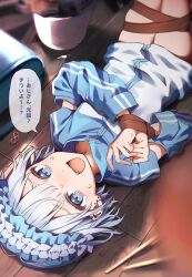 Rule 34 | 1boy, absurdres, androgynous, aruminsuko, blue eyes, blue hair, blue hairband, blue sleeves, blunt bangs, blush, detached sleeves, ear piercing, fang, gym storeroom, gym uniform, hairband, highres, jacket, jersey maid, light blue hair, looking at viewer, lying, maid, maid headdress, male focus, mat, on back, open mouth, original, piercing, short hair, short sleeves, sportswear, track jacket, trap, unconventional maid