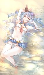 Rule 34 | 1girl, absurdres, animal ears, armpits, blue hair, breasts, ferry (granblue fantasy), ferry (summer) (granblue fantasy), full body, granblue fantasy, highres, looking at viewer, lying, natsun nsfk, navel, on back, sand, smile, solo, swimsuit, thighs, water