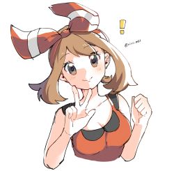 Rule 34 | !, 1girl, bad id, bad pixiv id, blush, bow, breasts, brown eyes, cleavage, clenched hand, collarbone, creatures (company), cropped torso, game freak, hair bow, head tilt, looking at viewer, may (pokemon), may (pokemon oras), medium breasts, nintendo, pokemon, pokemon oras, red bow, red shirt, ririmon, shirt, simple background, sleeveless, sleeveless shirt, smile, solo, striped, striped bow, w, white background