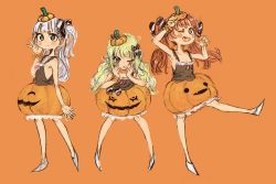 Rule 34 | 3girls, black shirt, blonde hair, blunt bangs, brown eyes, brown hair, bubble skirt, commentary request, dark-skinned female, dark skin, fang, fujinozu, full body, grecale (kancolle), green eyes, hair ornament, hair ribbon, hairclip, halloween costume, hat, jack-o&#039;-lantern, kantai collection, libeccio (kancolle), long hair, looking at viewer, maestrale (kancolle), multiple girls, one eye closed, one side up, orange background, orange headwear, orange skirt, ribbon, shirt, silver hair, simple background, skirt, standing, tan, tank top, tongue, tongue out, twintails