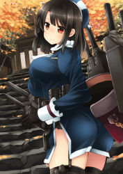 Rule 34 | 10s, 1girl, black gloves, black hair, black thighhighs, blush, breasts, garter straps, gloves, hat, kantai collection, kouno hikaru, large breasts, looking at viewer, personification, red eyes, short hair, solo, takao (kancolle), thighhighs