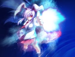 Rule 34 | 1girl, animal ears, arm up, blue background, breasts, closed mouth, collared shirt, female focus, firing, floating hair, foreshortening, from above, glowing, hair over one eye, highres, imperishable night, light, light particles, light rays, long hair, long sleeves, looking at viewer, looking up, medium breasts, motion blur, necktie, outstretched arm, photokinesis, pink skirt, pleated skirt, pointing, pointing at viewer, purple hair, rabbit ears, red eyes, red necktie, reisen udongein inaba, ripples, shirt, sidelocks, skirt, smile, solo, standing, tateha (marvelous grace), touhou, wading, wallpaper, white shirt, wind