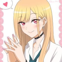 Rule 34 | 1girl, absurdres, black choker, blonde hair, choker, closed mouth, collared shirt, fake nails, fingers together, green necktie, hands up, heart, highres, jewelry, kitagawa marin, nail polish, necktie, pink nails, red eyes, ring, ryochan96154, school uniform, shirt, smile, solo, sono bisque doll wa koi wo suru, spoken heart, upper body