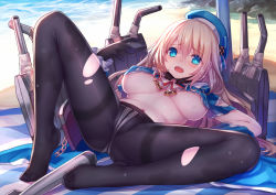 Rule 34 | 10s, 1girl, atago (kancolle), beach, black gloves, black pantyhose, blonde hair, blue eyes, blush, breasts, breasts apart, crotch seam, day, feet, gloves, hat, kantai collection, large breasts, long hair, lying, machinery, navel, no shoes, on back, panties, panties under pantyhose, pantyhose, pen (steelleets), solo, spread legs, thighband pantyhose, toes, torn clothes, torn pantyhose, torpedo, underboob, underwear, uniform