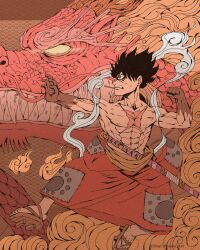 Rule 34 | 2boys, abs, alternate form, artist name, black hair, clenched hand, dragon, dragon horns, empty eyes, facial scar, full body, highres, horns, japanese clothes, katana, kouzuki momonosuke, male focus, monkey d. luffy, multiple boys, one piece, sandals, scar, scar on cheek, scar on chest, scar on face, sharp teeth, short hair, sword, teeth, that one panda, toothpick, topless male, traditional clothes, weapon