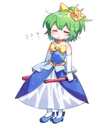 Rule 34 | 1girl, ?, ??, alternate costume, blue dress, blue footwear, blush, bow, bracelet, closed eyes, closed mouth, cookie (touhou), crown, daiyousei, diyusi (cookie), dress, elbow gloves, full body, gloves, green hair, hair bow, high heels, jewelry, medium hair, princess, simple background, solo, sparkle, standing, touhou, traffic baton, v-shaped eyebrows, white background, white gloves, xox xxxxxx, yellow bow