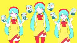 Rule 34 | 2girls, absurdres, aimaina, alternate costume, aqua hair, blue hair, bow, dress, hatsune miku, highres, low twintails, mei mei (vocaloid), multiple girls, multiple persona, multiple views, official art, parted lips, pink eyes, pinocchio-p, red bow, red headwear, song request, twintails, upper body, vocaloid, yellow background, yellow dress