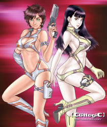 Rule 34 | 1980s (style), 2girls, ass, belt, boots, breasts, butt crack, cameltoe, cleavage, cleavage cutout, clitlogic, clothing cutout, copyright name, cosplay, costume, dirty pair, gun, gun holster, heart, heart cutout, high heel boots, high heels, large breasts, long hair, looking at viewer, mihoto kouji, multiple girls, retro artstyle, retro artstyle, revealing clothes, short hair, watermark, weapon, web address