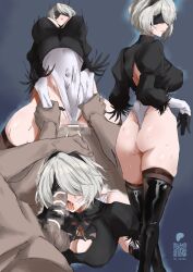 Rule 34 | 1boy, 1girl, 2b (nier:automata), ass, back cutout, bar censor, black blindfold, black hairband, black thighhighs, blindfold, boots, breasts, censored, clothing aside, clothing cutout, commentary, covered eyes, covered navel, cowgirl position, curvy, english commentary, fellatio, grey hair, hair over eyes, hairband, hetero, highleg, highleg leotard, highres, huge ass, juliet sleeves, large breasts, leotard, leotard aside, long sleeves, mole, mole under mouth, mosaic censoring, multiple views, nier:automata, nier (series), noriko (ni noriko), oral, penis, puffy sleeves, sex, shiny skin, short hair, straddling, testicles, thigh boots, thighhighs, thighhighs under boots, thong leotard, tongue, tongue out, wide hips