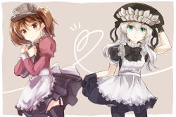 Rule 34 | 10s, 2girls, abyssal ship, alternate costume, apron, aqua eyes, bad id, bad pixiv id, brown eyes, brown hair, clothes lift, enmaided, garter straps, gloves, heart, iroha (shiki), kantai collection, looking at viewer, maid, maid apron, monster, multiple girls, pale skin, pantyhose, ribbon, ryuujou (kancolle), skirt, skirt lift, thighhighs, twintails, visor cap, white hair, wo-class aircraft carrier, zettai ryouiki