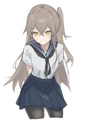 Rule 34 | 1girl, absurdres, alternate costume, bad id, bad pixiv id, black pantyhose, blue skirt, closed mouth, commentary request, cowboy shot, cropped legs, fuku00, girls&#039; frontline, grey hair, hair between eyes, highres, long hair, one side up, pantyhose, pleated skirt, sailor collar, scar, scar across eye, scar on face, shirt, simple background, skirt, smile, solo, ump45 (girls&#039; frontline), white background, white shirt, yellow eyes