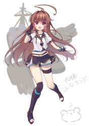 Rule 34 | 1girl, ahoge, black footwear, black gloves, black sailor collar, black skirt, black thighhighs, boots, brown eyes, brown hair, commentary request, full body, gloves, highres, huge ahoge, kantai collection, ko yu, kuma (kancolle), long hair, looking at viewer, machinery, open mouth, original remodel (kantai collection), sailor collar, school uniform, serafuku, shorts, shorts under skirt, simple background, skirt, smile, solo, thighhighs, translation request, white background, white shorts