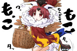 Rule 34 | 1girl, basket, benienma (fate), black footwear, blush, brown eyes, brown hair, brown hat, brown kimono, commentary request, diamond mouth, fate/grand order, fate (series), hat, highres, holding, holding basket, horns, japanese clothes, kimono, long sleeves, neon-tetora, parted bangs, parted lips, platform footwear, simple background, single horn, sleeves past wrists, socks, solo, standing, standing on one leg, translation request, white background, white socks, wide sleeves
