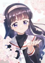 Rule 34 | 1girl, cardcaptor sakura, daidouji tomoyo, highres, purple eyes, school uniform, smile, solo, tomoeda elementary school uniform