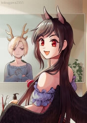 Rule 34 | 2girls, :d, angry, animal ears, antlers, artist name, bare shoulders, black hair, black wings, blonde hair, blue shirt, brushing hair, closed mouth, collarbone, commentary request, crossed arms, feathered wings, from behind, frown, hair brush, horns, horse ears, houzuki (hotondo), indoors, kicchou yachie, kurokoma saki, long hair, long sleeves, looking at viewer, looking back, mirror, multiple girls, off-shoulder shirt, off shoulder, open mouth, plant, red eyes, red skirt, reflection, shirt, short hair, short sleeves, skirt, smile, soap dispenser, toothbrush, touhou, v-shaped eyebrows, wings