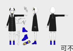 Rule 34 | 1girl, absurdres, arrow (symbol), black dress, blue footwear, blunt bangs, cevio, character name, character sheet, commentary, dress, expressionless, from behind, from side, full body, grey background, hair ornament, highres, kafu (cevio), kamitsubaki studio, medium hair, multiple views, official art, outstretched arm, palow, standing, twintails, white hair, white legwear
