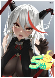 Rule 34 | 1girl, aegir (azur lane), artist name, azur lane, black gloves, black horns, bodystocking, breast curtains, chinese commentary, demon horns, fangs, gloves, grey background, hair on horn, highres, horns, impossible clothes, long hair, looking at viewer, multicolored hair, open mouth, qino33, red hair, simple background, solo, streaked hair, teeth, two-tone hair, upper body, upper teeth only, very long hair, white hair, yellow eyes
