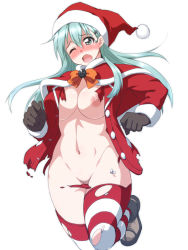 Rule 34 | 10s, 1girl, aqua eyes, aqua hair, black gloves, blush, breasts, capelet, christmas, colored pubic hair, female pubic hair, gloves, groin, hair between eyes, hat, jacket, kantai collection, large breasts, long hair, looking at viewer, midriff, mikagami sou, navel, nipples, nose blush, one eye closed, open clothes, open jacket, open mouth, pom pom (clothes), pubic hair, santa costume, santa hat, solo, standing, standing on one leg, stomach, striped clothes, striped thighhighs, suzuya (kancolle), thighhighs, torn clothes, torn thighhighs