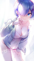 Rule 34 | 1girl, baisi shaonian, bare shoulders, blue eyes, blue hair, breasts, camisole, cleavage, closed mouth, cowboy shot, groin, hair ornament, hair over one eye, hand on own thigh, highres, jacket, large breasts, leaning forward, long sleeves, looking at viewer, no pants, off shoulder, open clothes, open jacket, re:zero kara hajimeru isekai seikatsu, rem (re:zero), shirt, short hair, simple background, sleeveless, sleeveless shirt, smile, solo, spaghetti strap, standing, strap slip, thighhighs, white background, white shirt, white thighhighs, x hair ornament