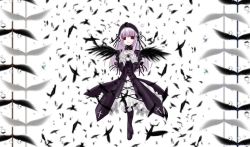 Rule 34 | 00s, 1girl, black dress, black wings, dress, feathers, frilled sleeves, frills, full body, hairband, interlocked fingers, lolita hairband, long hair, long sleeves, looking at viewer, own hands clasped, own hands together, red eyes, rozen maiden, silver hair, simple background, solo, suigintou, very long hair, white background, wings