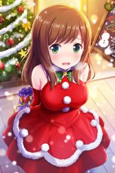Rule 34 | 1girl, alternative girls, arms behind back, bag, bow, brown hair, candy, candy cane, christmas, christmas tree, dress, food, green bow, green eyes, highres, hirose koharu, holding, holding bag, long hair, looking at viewer, official art, open mouth, outdoors, red dress, solo, star (symbol)