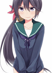 Rule 34 | &gt;:(, 1girl, akane souichi, akebono (kancolle), bell, black hair, black sweater, blush, closed mouth, collarbone, covering privates, covering crotch, crying, crying with eyes open, flower, frown, green sailor collar, hair bell, hair flower, hair ornament, jingle bell, kantai collection, long hair, long sleeves, looking at viewer, neckerchief, no pants, purple eyes, purple neckerchief, sailor collar, side ponytail, solo, sweater, tears, upper body, v-shaped eyebrows, v arms