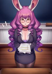 Rule 34 | animal ears, black pantyhose, blush, breasts, chalkboard, choker, cleavage, commission, drill hair, formal, gaothun, glasses, highres, holding, holding paper, long hair, looking at viewer, medium breasts, open mouth, orange eyes, original, pantyhose, paper, papers, pencil skirt, purple hair, quad drills, rabbit ears, red-framed eyewear, skirt, skirt suit, suit, teacher