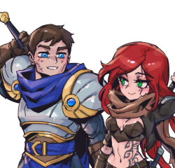 Rule 34 | 1boy, 1girl, arm up, armor, belt, blue belt, blue eyes, breastplate, breasts, brown gloves, brown hair, brown scarf, cleavage, closed mouth, commentary, crop top, english commentary, garen (league of legends), gloves, green eyes, grin, katarina (league of legends), league of legends, long hair, looking at another, medium breasts, navel, phantom ix row, red hair, scar, scar across eye, scarf, short hair, shoulder plates, simple background, smile, stomach tattoo, tattoo, teeth, weapon, weapon on back, white background