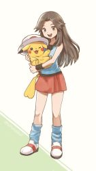 Rule 34 | brown eyes, brown hair, commentary, creatures (company), game freak, gen 1 pokemon, hat, leaf (pokemon), long hair, looking at viewer, ma-hain-scarlet, nintendo, open mouth, pikachu, pokemon, pokemon (creature), pokemon frlg, simple background, skirt, smile, white background, wristband