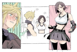 Rule 34 | 1boy, 1girl, alternate hair length, alternate hairstyle, aqua eyes, belt, black gloves, black skirt, black thighhighs, blonde hair, breasts, brown hair, clenched hands, cloud strife, collarbone, crop top, earrings, elbow pads, final fantasy, final fantasy vii, final fantasy vii remake, fingerless gloves, gloves, highres, jewelry, large breasts, midriff, mixed-language commentary, navel, oqm ohc, red eyes, short hair, skirt, sleeveless, sleeveless turtleneck, spiked hair, suspender skirt, suspenders, sweatdrop, swept bangs, sword, tank top, thighhighs, thighs, tifa lockhart, turtleneck, weapon, white tank top, zettai ryouiki