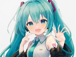Rule 34 | 1girl, artist name, blue eyes, blue hair, blush, collared shirt, detached sleeves, finger to own chin, hair ornament, hand up, hatsune miku, highres, long hair, long sleeves, looking at viewer, necktie, open mouth, shirt, sleeveless, sleeveless shirt, smile, solo, suiren nei, twintails, upper body, vocaloid, white background