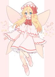 Rule 34 | 1girl, artist name, blonde hair, blue eyes, blush, boots, bow, bowtie, brown flower, capelet, commentary request, dress, fairy wings, flower, flying, frills, hair between eyes, hair bow, hat, highres, lily white, long hair, long sleeves, looking to the side, necono (nyu6poko), open mouth, pink background, pink capelet, pink dress, pink flower, pink footwear, pink hat, red bow, red bowtie, red flower, solo, star (symbol), touhou, white background, wide sleeves, wings, yellow flower