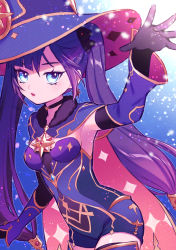 Rule 34 | 1girl, absurdres, black choker, black gloves, blue eyes, blue jumpsuit, breasts, choker, cowboy shot, detached sleeves, elbow gloves, genshin impact, gloves, gradient cape, hair between eyes, hat, highres, jumpsuit, long hair, long sleeves, looking at viewer, mona (genshin impact), mona (pact of stars and moon) (genshin impact), official alternate costume, purple hair, purple hat, purple sleeves, rdml chashi, short jumpsuit, small breasts, solo, twintails, very long hair, witch hat