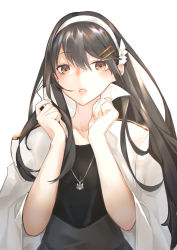 Rule 34 | 1girl, anchor necklace, bad id, bad pixiv id, black hair, blush, breasts, brown eyes, collarbone, collared jacket, fingernails, hair between eyes, hair ornament, hairband, hairclip, haruna (kancolle), high collar, jacket, jacket on shoulders, jewelry, kantai collection, lips, long hair, necklace, neko (ganecooo), open mouth, popped collar, simple background, solo, white background, white hairband, white jacket