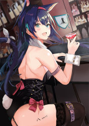 Rule 34 | 1girl, :d, absurdres, alternate costume, animal ears, arknights, armlet, ass, auguste, bare arms, bare back, bare shoulders, black hair, black leotard, black thighhighs, blaze (arknights), blush, body writing, bottle, bow, cat ears, cat tail, chinese commentary, commentary request, cup, dated, drinking glass, fake tail, fang, green eyes, hair between eyes, hairband, hand up, highres, holding, holding cup, huge filesize, kittysuit, leotard, long hair, looking at viewer, nontraditional playboy bunny, open mouth, playboy bunny, rabbit tail, red bow, red hairband, ribbon, shelf, sitting, skin fang, smile, solo, tail, tail ornament, tail ribbon, thigh strap, thighhighs, thighs, white ribbon, wine glass, wrist cuffs